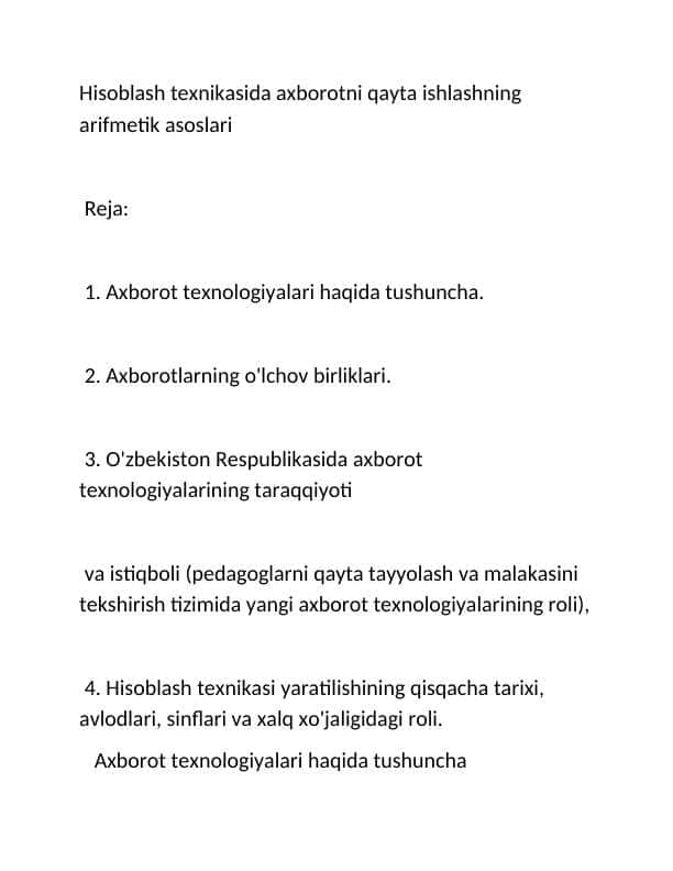 Hisoblash texnikasida axborotni qayta ishlashning arifmetik asoslari