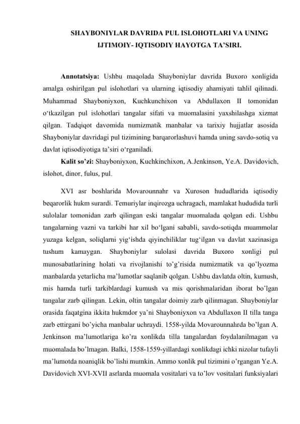 Shayboniylar Davrida Pul Islohotlari va uning Ijtimoiy-Iqtisodiy Hayotga Ta'siri