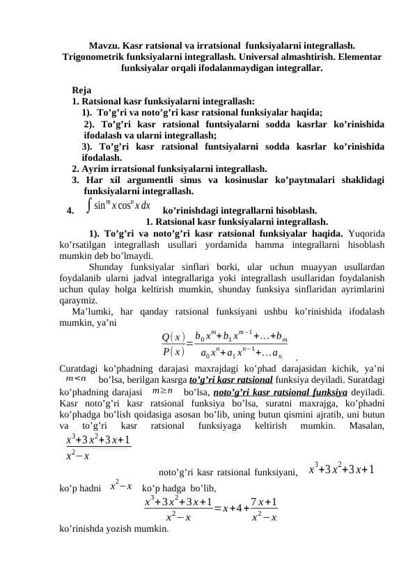 Kasr ratsional va irratsional funksiyalarni integrallash