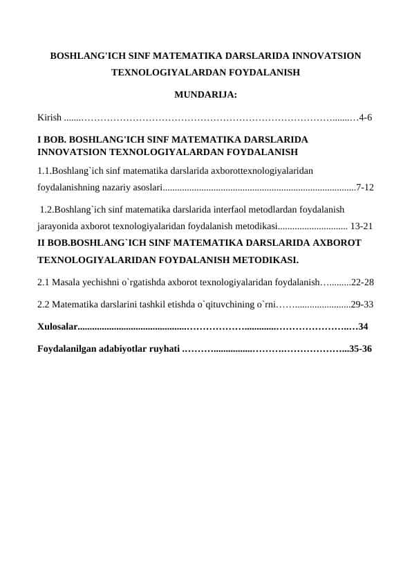 BOSHLANGʻICH SINF MATEMATIKA DARSLARIDA INNOVATSION TEXNALOGIYALAR