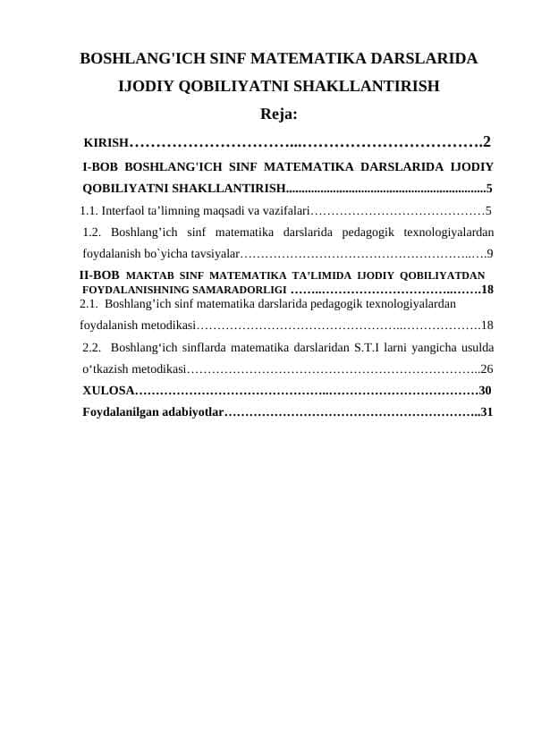 BOSHLANGʻICH SINF MATEMATIKA DARSLARIDA IJODIY QOBILIYATNI SHAKLLANTIRISH