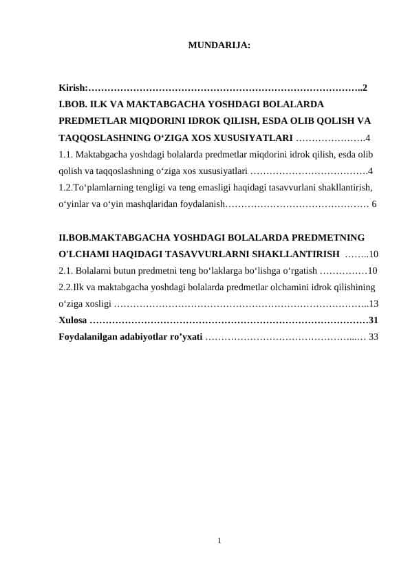 ILK VA MAKTABGACHA YOSHDAGI BOLALARDA PREDMETLAR MIQDORINI IDROK QILISH ESDA OLIB QOLISH