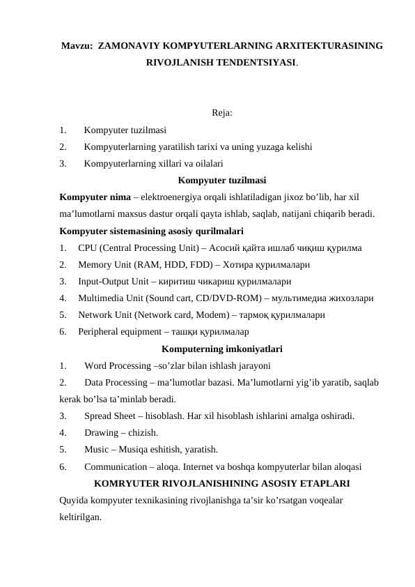 ZAMONAVIY KOMPYUTERLARNING ARXITEKTURASINING RIVOJLANISH TENDENTSIYASI.