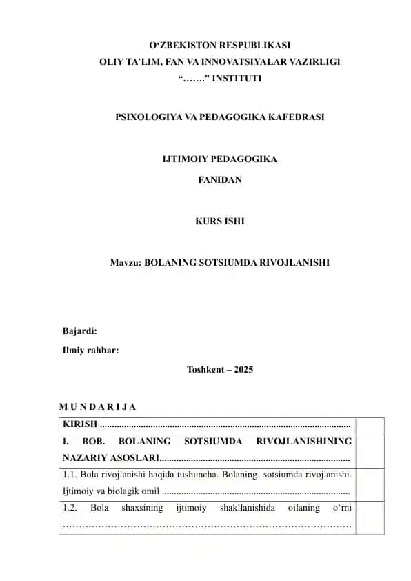 BOLANING SOTSIUMDA RIVOJLANISHI