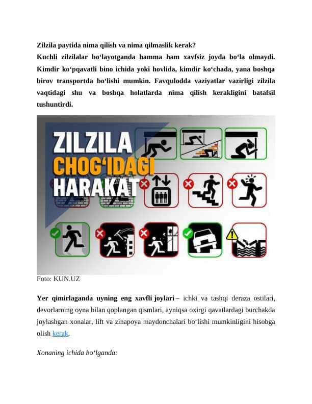 Zilzila paytida nima qilish va nima qilmaslik kerak?