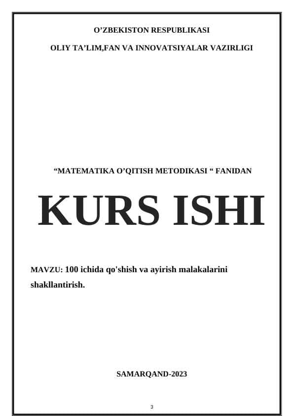 100 ichida qo'shish va ayirish malakalarini shakllantirish.
