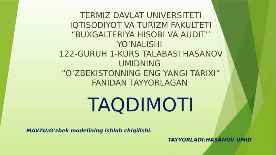 O'zbek modelining ishlab chiqilishi. TARAQQIYOTNING O'ZBEK MODELI