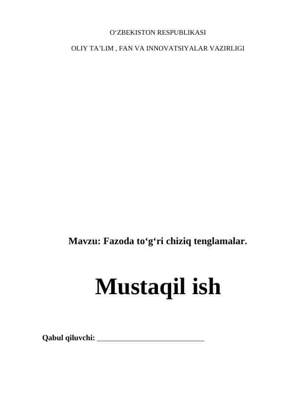 Fazoda to’g’ri chiziqlar va sirtlar tenglamasi.