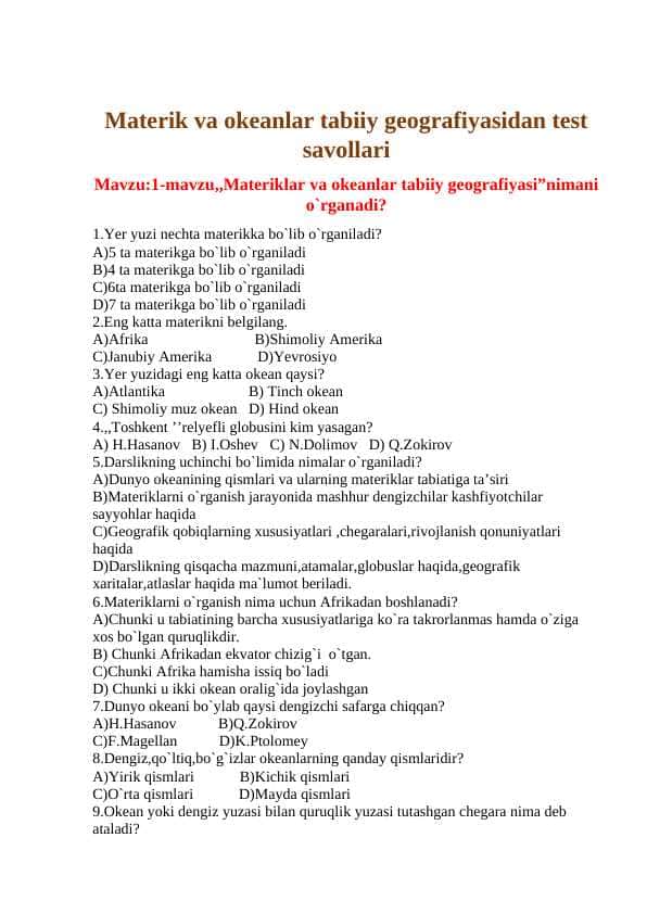 MAVZULASHTIRILGAN TESTLAR TO'PLAMI. GEOGRAFIYA 680 TA.