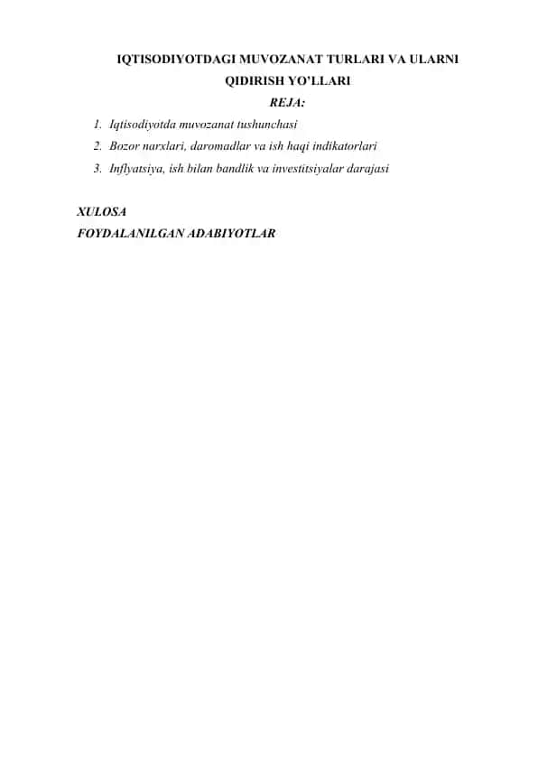 IQTISODIYOTDAGI MUVOZANAT TURLARI VA ULARNI QIDIRISH YO'LLARI