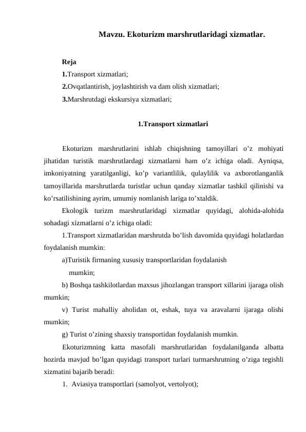 Ekоturizm mаrshrutlаridаgi xizmаtlаr.