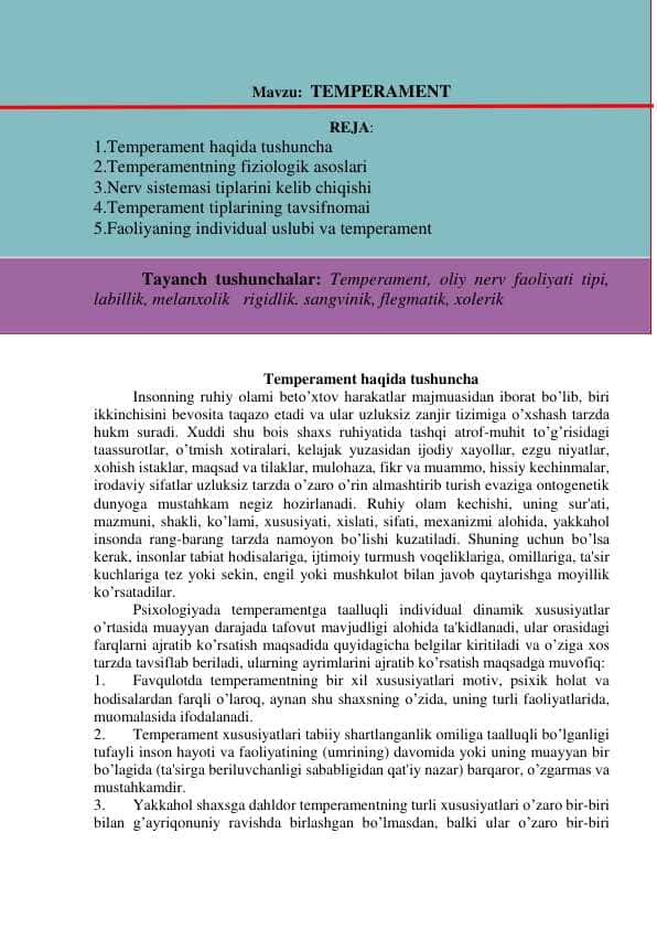 Temperament va uning turlari:xolerik, sangvinik, flegmatik va melaxolik