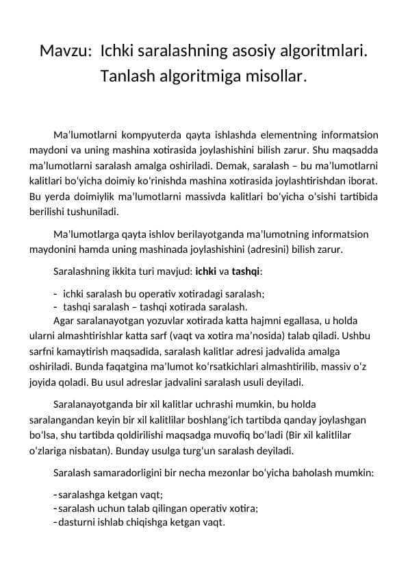 Ichki saralashning asosiy algoritmlari. Tanlash algoritmiga misollar.