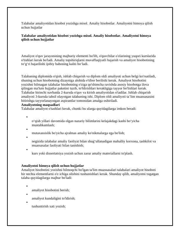Talabalar amaliyotidan hisobot yozishga misol