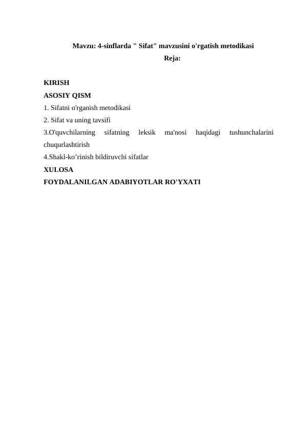 Sifat mavzusini o'rgatish metodikasi ,