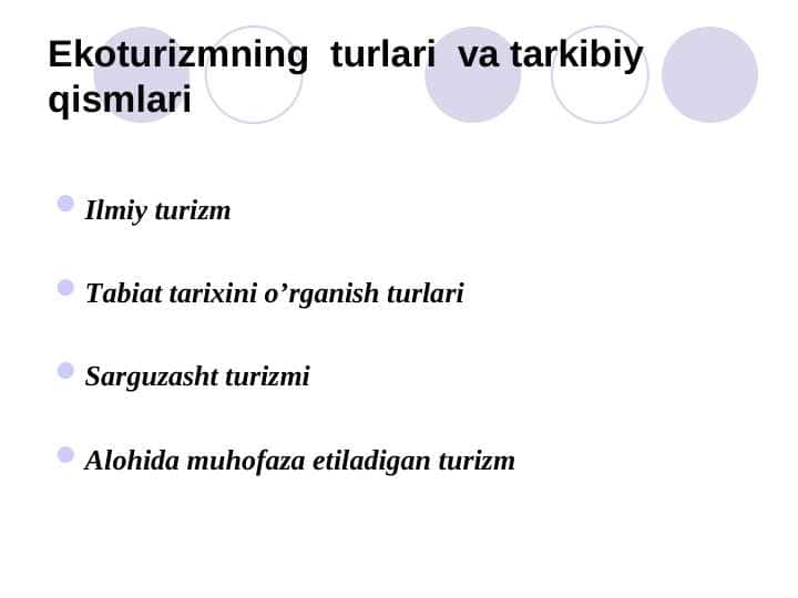 Ekoturizmning turlari va tarkibiy qismlari