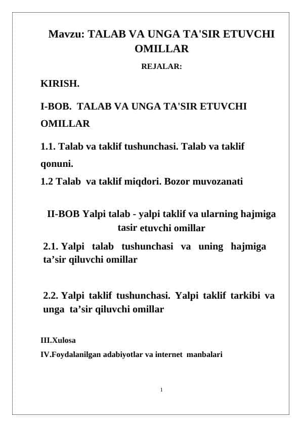 TALAB VA UNGA TA'SIR ETUVCHI OMILLAR