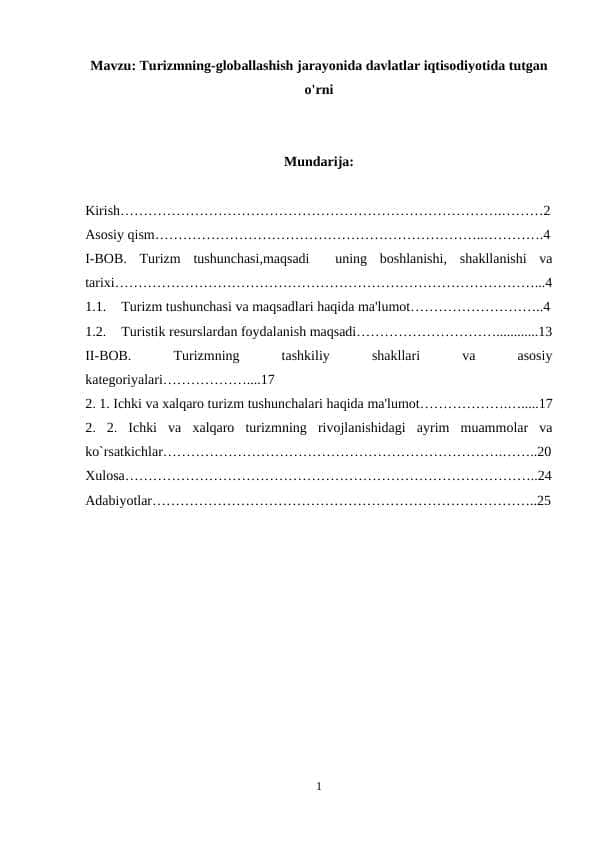 Turizmning-globallashish jarayonida davlatlar iqtisodiyotida tutgan o'rni