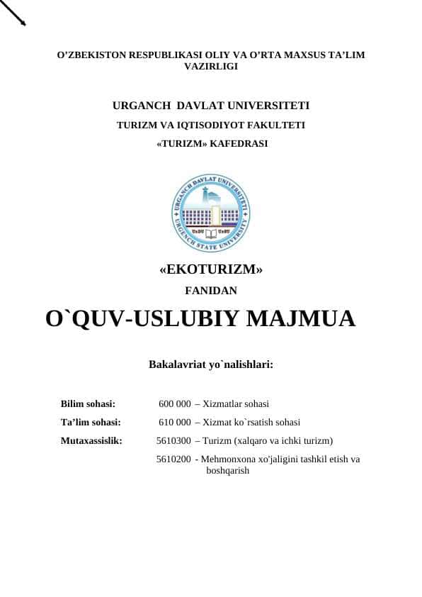 O'quv Uslubiy Majmua Ekoturizm faidan