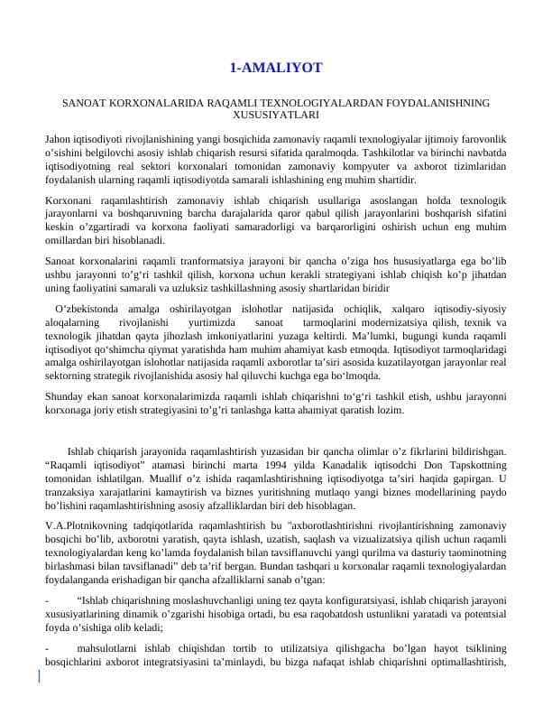 SANOAT KORXONALARIDA RAQAMLI TEXNOLOGIYALARDAN FOYDALANISHNING XUSUSIYATLARI