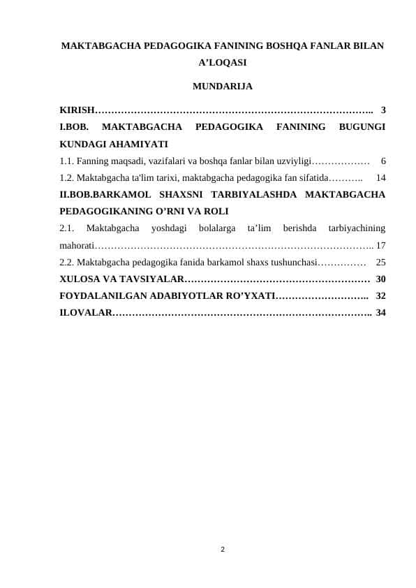 MAKTABGACHA PEDAGOGIKA FANINING BOSHQA FANLAR BILAN A’LOQASI