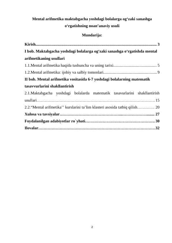 Mental arifmetika maktabgacha yoshdagi bolalarga og‘zaki sanashga o‘rgatishning noan’anaviy usuli