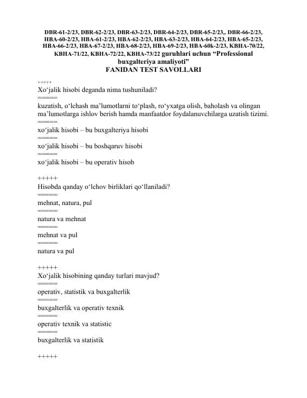 Professional buxgalteriya amaliyoti fanidan test savollari