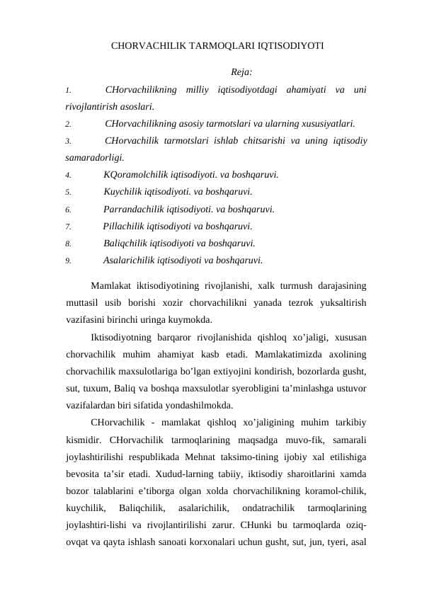 CHORVACHILIK TARMOQLARI IQTISODIYOTI