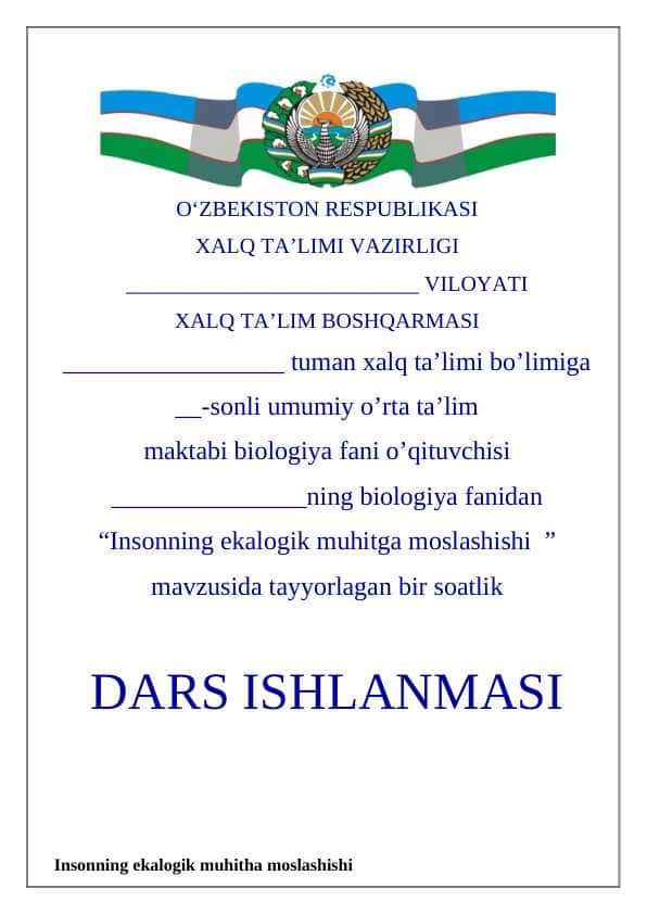 11-sinf biologiya Inson ekologiyasi Dars ishlanma