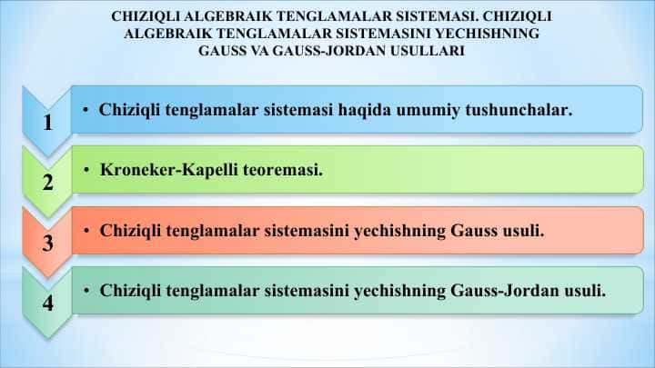 CHIZIQLI ALGEBRAIK TENGLAMALAR SISTEMASI. CHIZIQLI ALGEBRAIK TENGLAMALAR SISTEMASINI YECHISHNING GAUSS VA GAUSS-JORDAN USULLARI