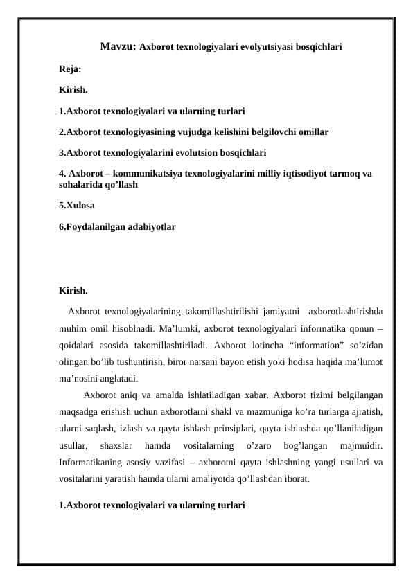 Axborot texnologiyalari evolyutsiyasi bosqichlari