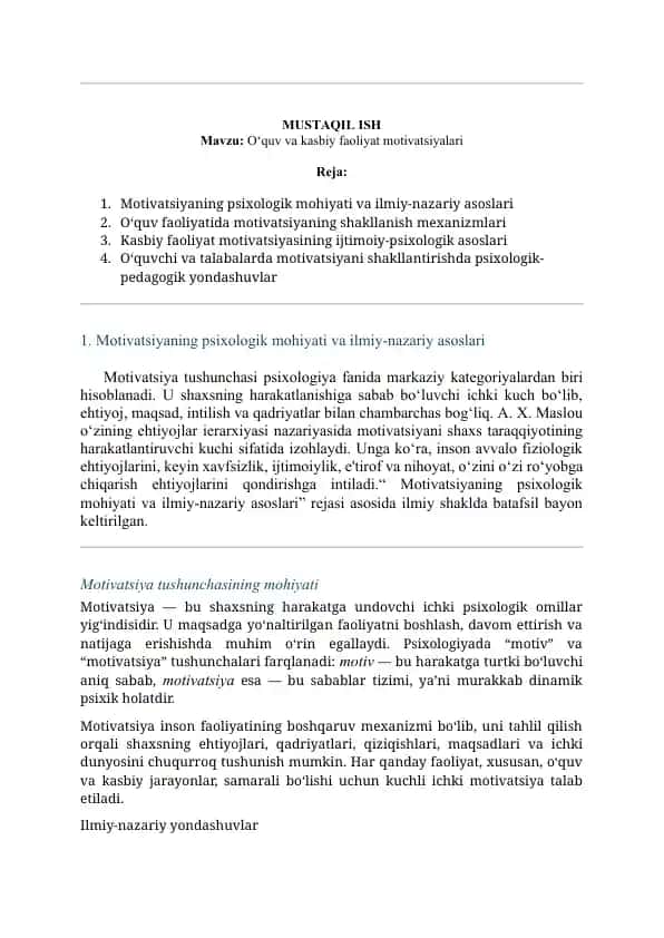 O‘quv va kasbiy faoliyat motivatsiyalari