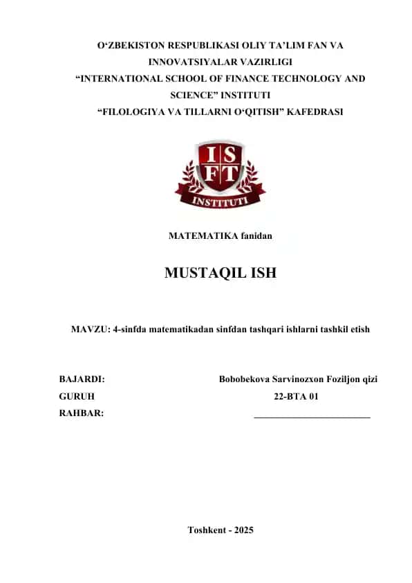 4-sinfda matematikadan sinfdan tashqari ishlarni tashkil etish