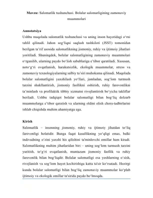 Bolalar salomatligining zamonaviy muammolari