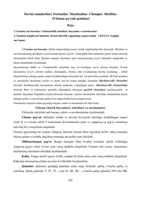 Davlat standartlari. Formatlar. Masshtablar. Chiziqlar. Shriftlar. О'lcham qо'yish qoidalari