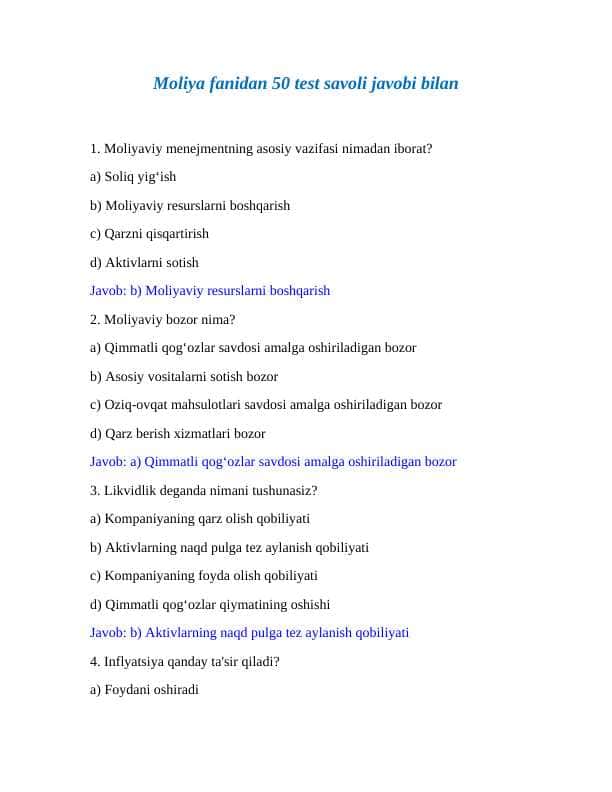 Moliya fanidan 50 ta test savoli va uning javobi bilan