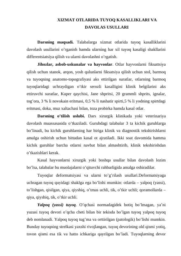 XIZMAT OTLARIDA TUYOQ KASALLIKLARI VA DAVOLAS USULLARI