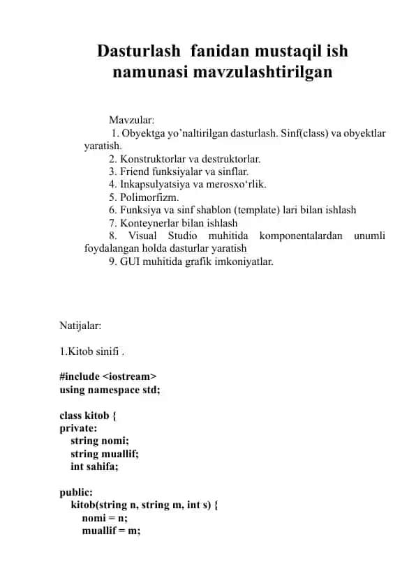 Dasturlash fanidan mustaqil ish namunasi (mavzulashtirilgan )