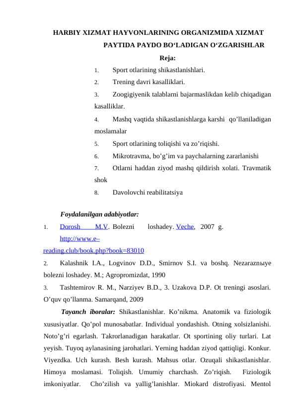 HARBIY XIZMAT HAYVONLARINING ORGANIZMIDA XIZMAT PAYTIDA PAYDO BO‘LADIGAN O‘ZGARISHLAR
