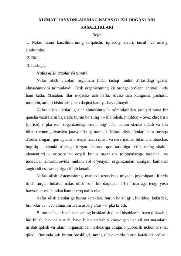 XIZMAT HAYVONLARINING NAFAS OLISH ORGANLARI KASALLIKLARI