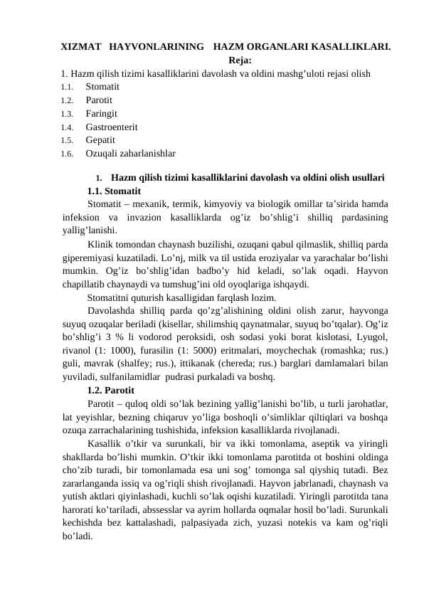 XIZMAT HAYVONLARINING HAZM ORGANLARI KASALLIKLARI.