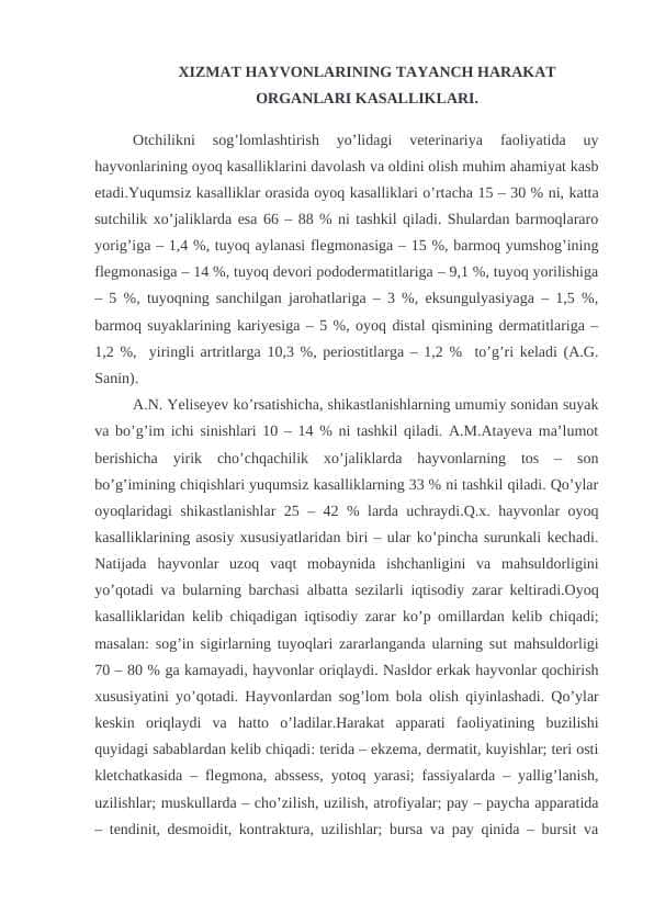 XIZMAT HAYVONLARINING TAYANCH HARAKAT ORGANLARI KASALLIKLARI.