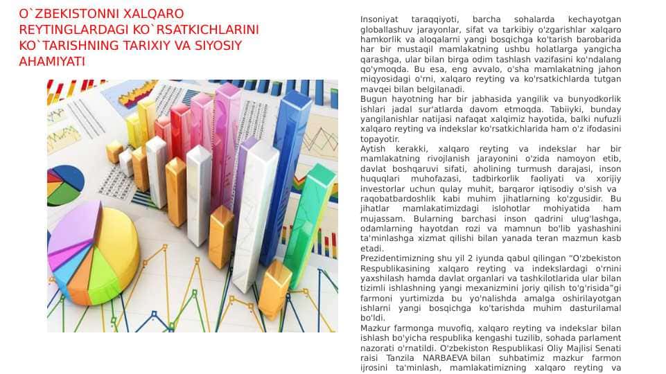 O`ZBEKISTONNI XALQARO REYTINGLARDAGI KO`RSATKICHLARINI KO`TARISHNING TARIXIY VA SIYOSIY AHAMIYATI