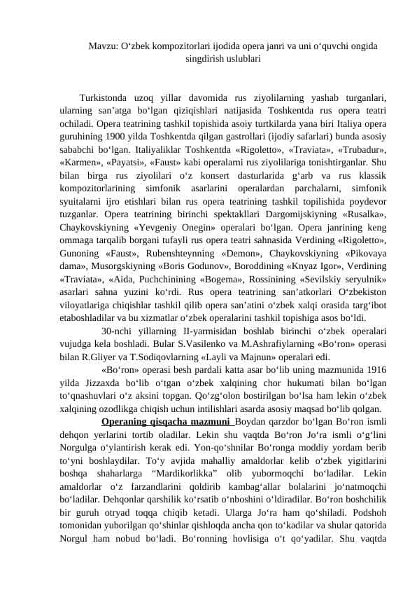O‘zbek kompozitorlari ijodida opera janri va uni o‘quvchi ongida singdirish uslublari