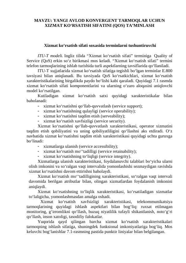 YANGI AVLOD KONVERGENT TARMOQLAR UCHUN XIZMAT KO‘RSATISH SIFATINI (QOS) TA’MINLASH