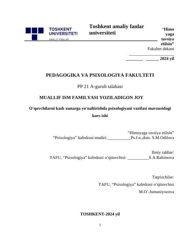O'quvchilarni kasb xunarga yo'naltirishda psixologiyani vazifasi