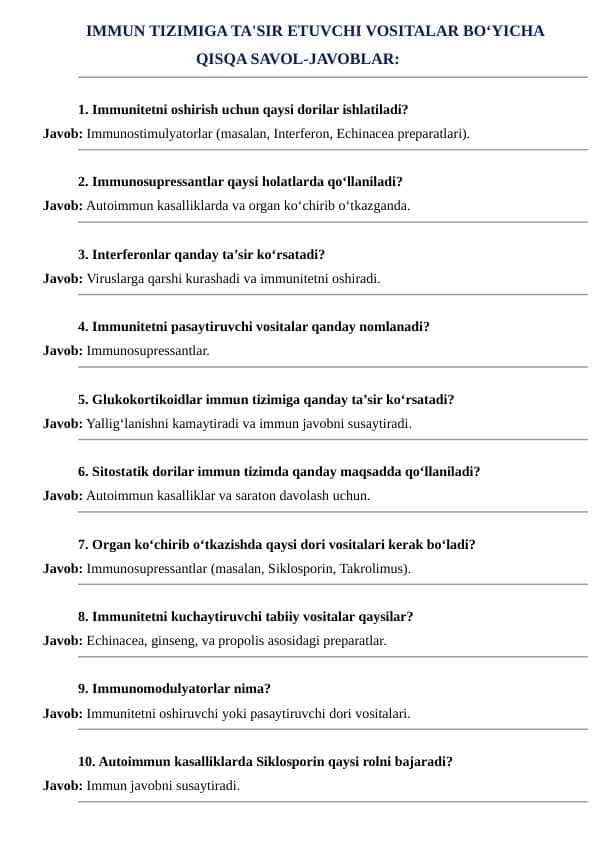 IMMUN TIZIMIGA TA'SIR ETUVCHI VOSITALAR BO‘YICHA QISQA SAVOL-JAVOBLAR: