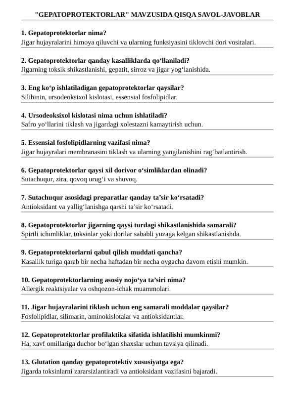 "GEPATOPROTEKTORLAR" MAVZUSIDA QISQA SAVOL-JAVOBLAR