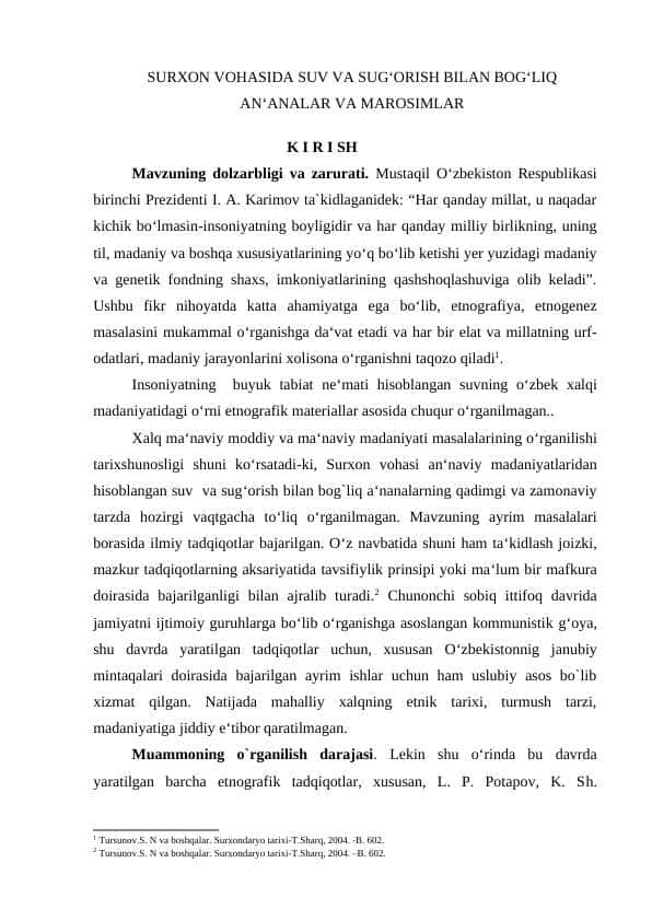 SURXON VOHASIDA SUV VA SUG‘ORISH BILAN BOG‘LIQ AN‘ANALAR VA MAROSIMLAR