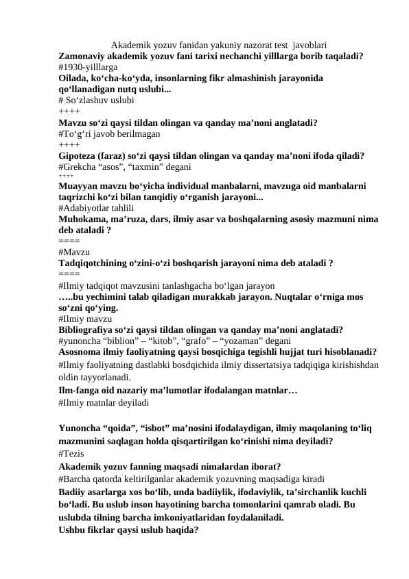 Akademik yozuv fanidan yakuniy nazorat test javoblari